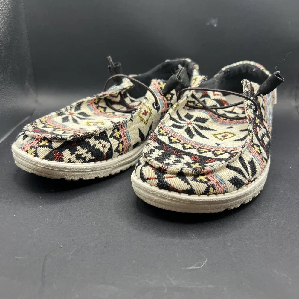 Size 8 - Hey Dude Wendy Woven Black Aztec Women's Slip On Loafers Boat Shoes